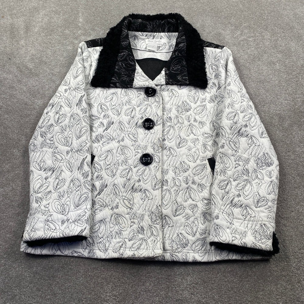 Great Cavalier Quilted Jacket Blazer White Black Abstract Floral XL